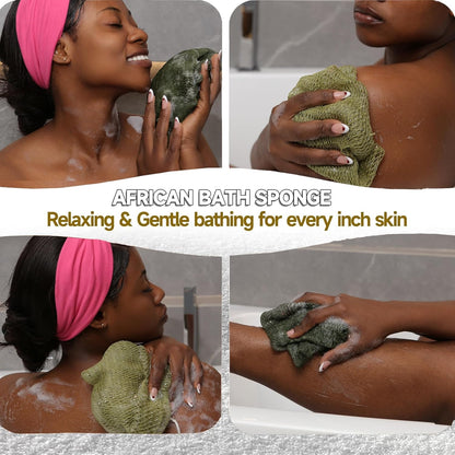 SubSahara Authentic African Net Sponge - 2 Pack Exfoliating Bath & Shower Loofah Sponge for Body & Face, Gentle Scrubber for All Skin Types, Travel, Durable Polyester (Olive Green & Light Green)