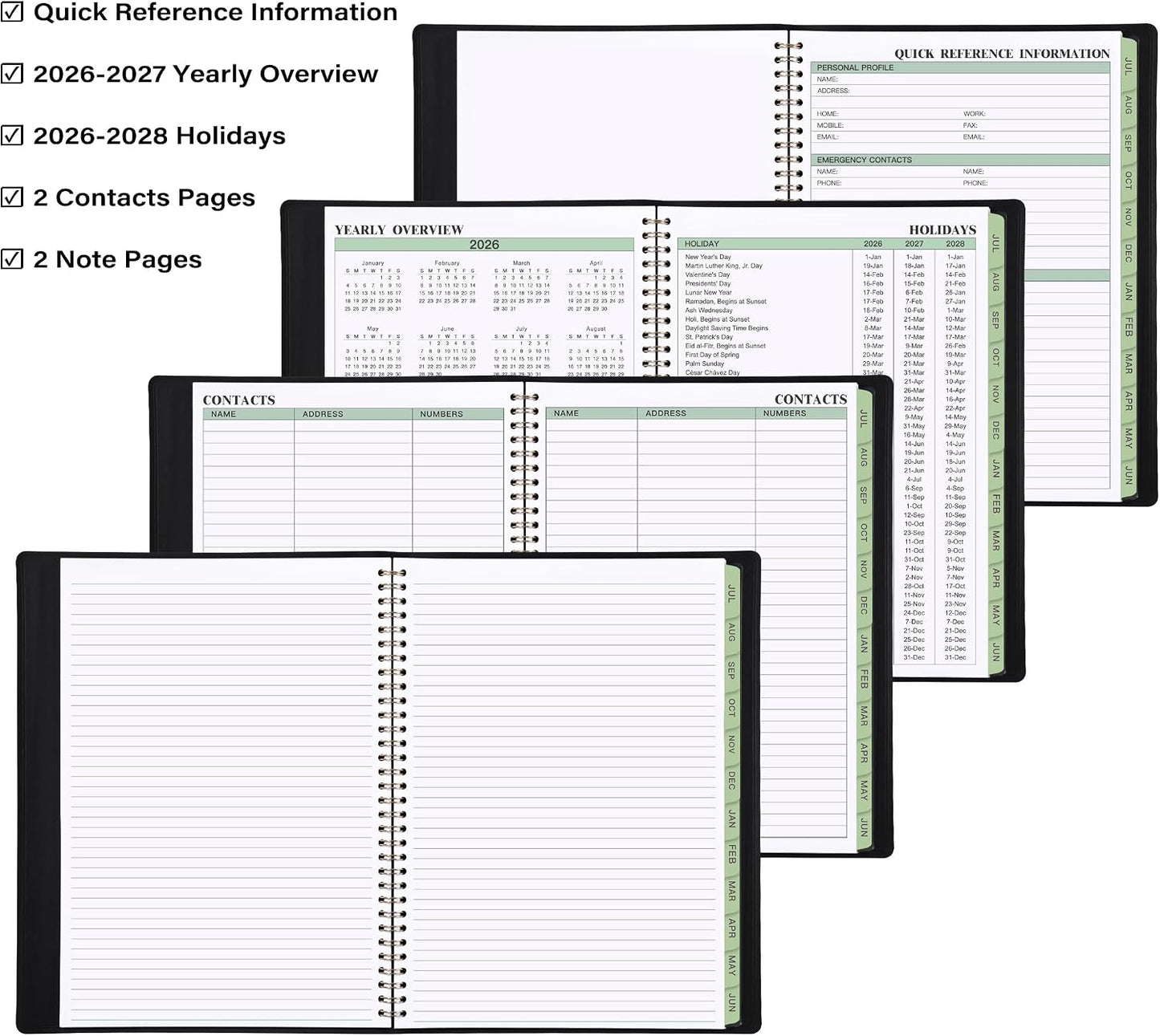 Appointment Book 2026-2027- Business Planner, JUL 2026 - JUN 2027,Planner 2026-2027, 3-Tier Schedule Planner, 8.74" x 11.38", 60 Minutes Intervals + Monthly Tabs + Leather Cover + Pocket - Pea Green