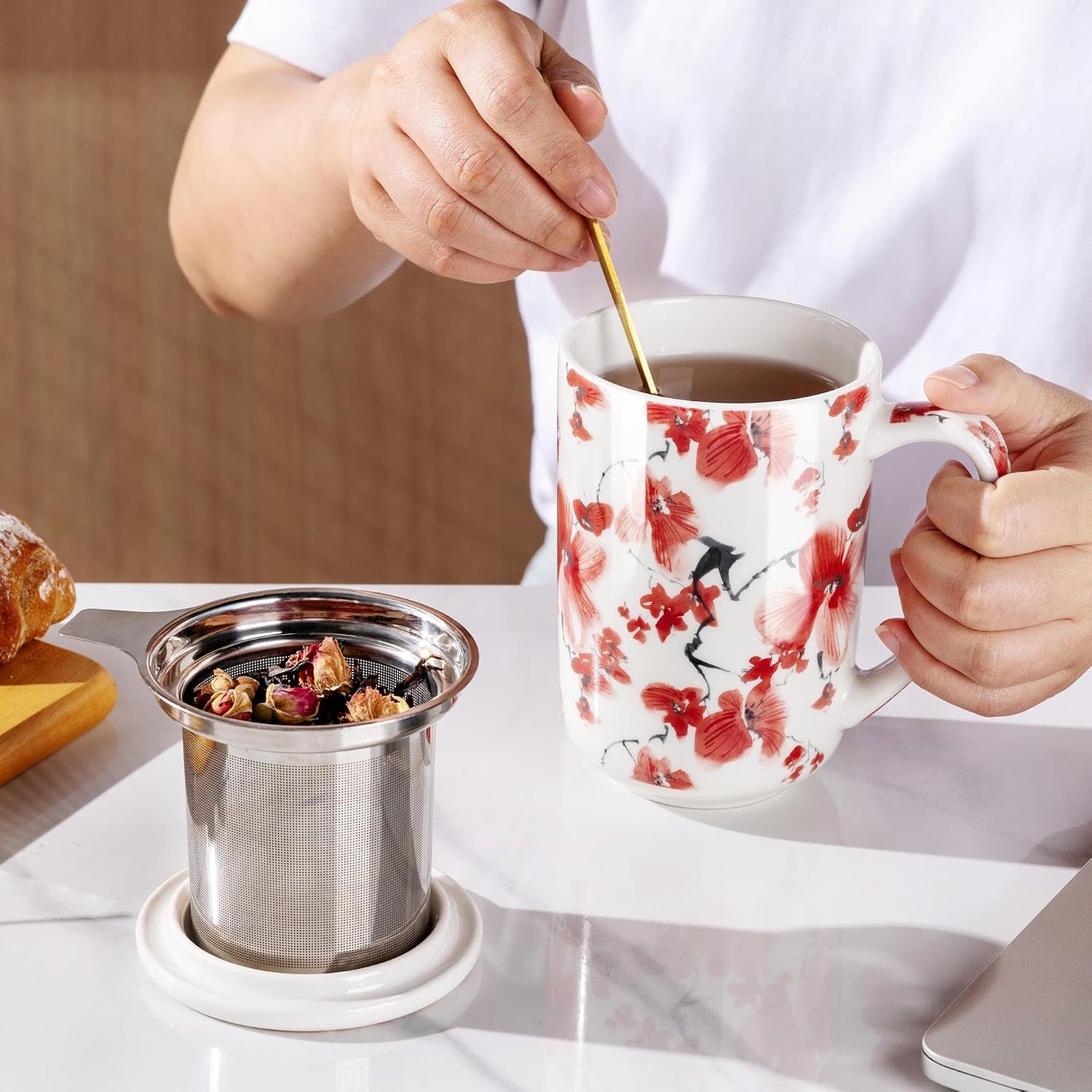 AmorArc Porcelain Tea Mug with Infuser and Lids, 18 Oz Large Cup Strainer with Bag Holder for Loose Leaf Tea, Steeping Coffee Mug for House-warming Wedding Birthday Gift