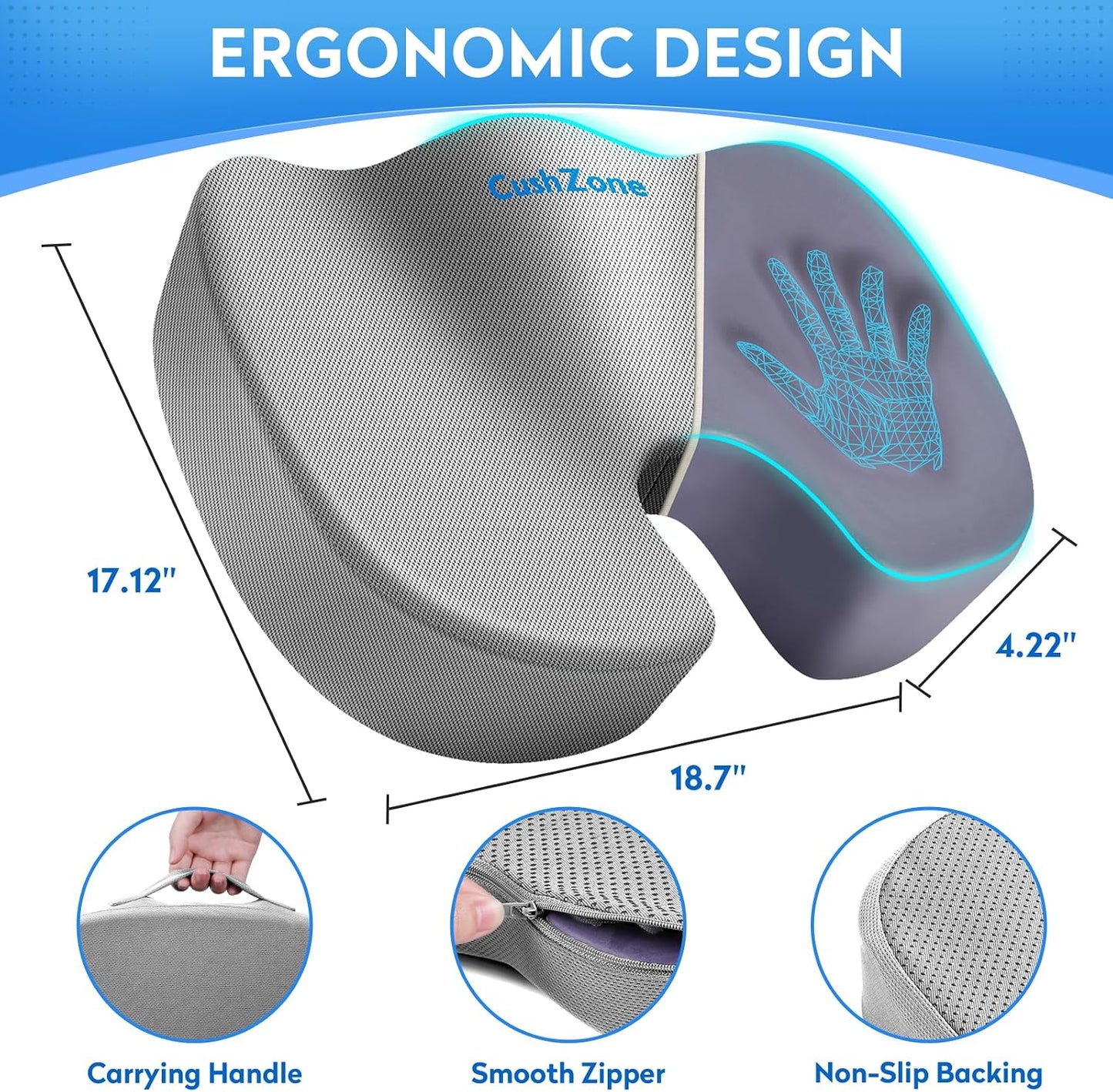 CushZone Seat Cushion - Memory Foam Office Chair Cushion for Sciatica, Tailbone & Back Pain Relief - Orthopedic Coccyx Pillow for Car, Airplane, Pregnancy & Long Sitting at Work, Black