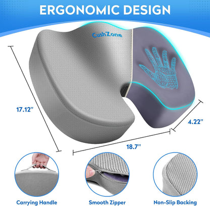 CushZone Seat Cushion - Memory Foam Office Chair Cushion for Sciatica, Tailbone & Back Pain Relief - Orthopedic Coccyx Pillow for Car, Airplane, Pregnancy & Long Sitting at Work, Black