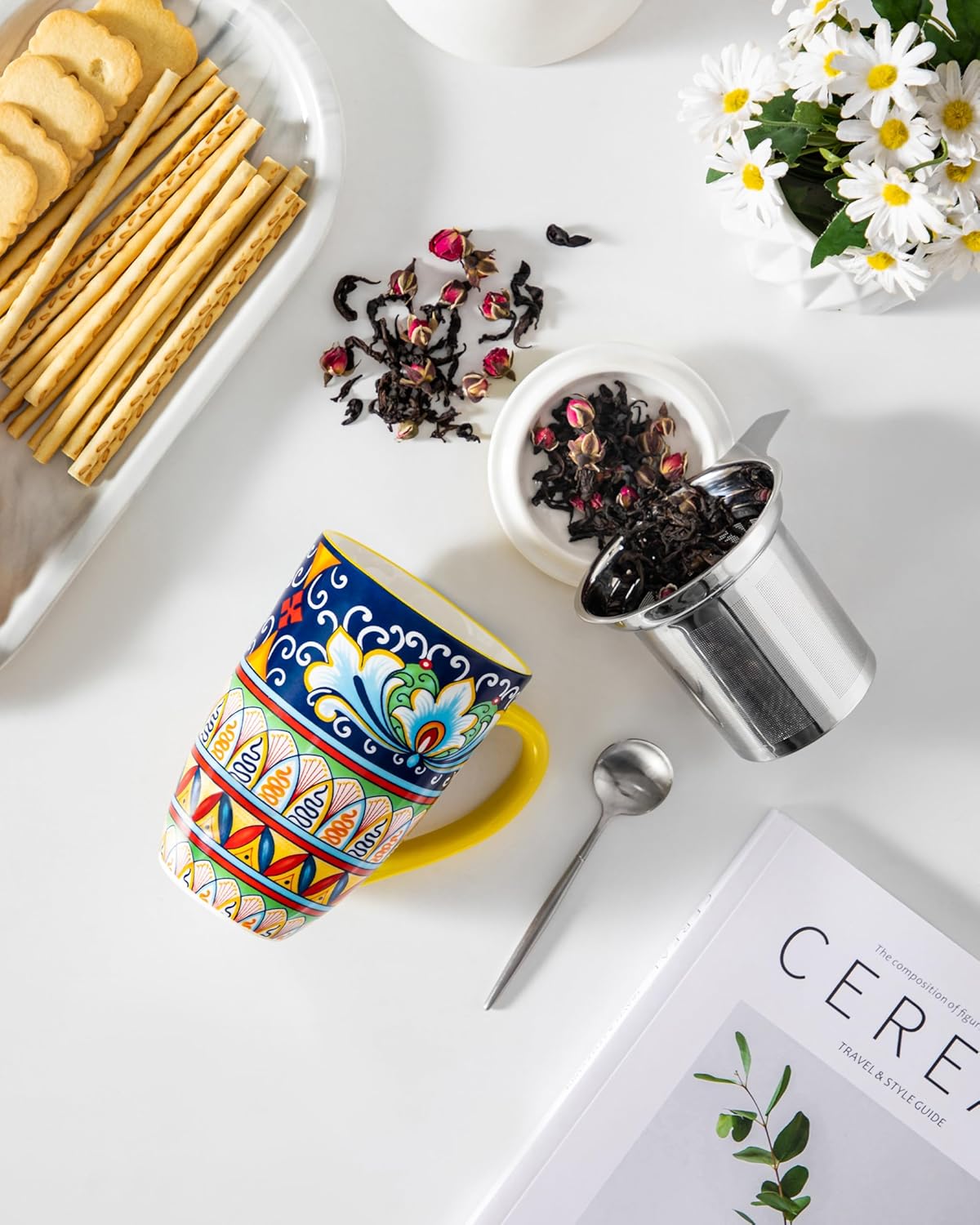 vancasso Ceramic Tea Mug with Infuser and Lid, 18 Ounce Bohemian Loose Leaf Cup, Microwave & Dishwasher Safe, Perfect for Tea, Coffee, Burnt-Cobalt Mandala