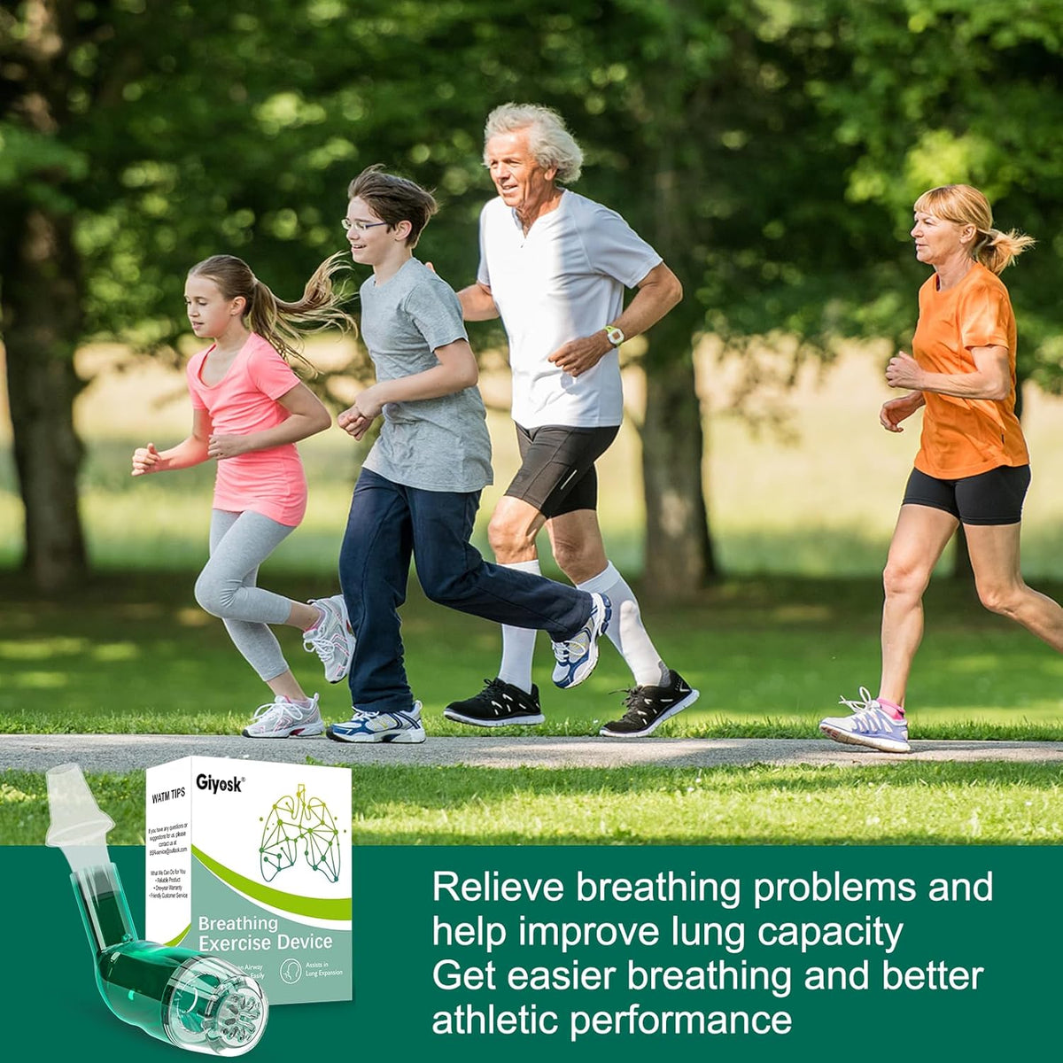 Giyosk Breathing Exercise Device for Lungs, Lung Expansion and Mucus Relief Device, Portable Expiratory Breathing Exerciser with A Set of Accessories, Breathing Trainer for Lung Cleanse(Green)
