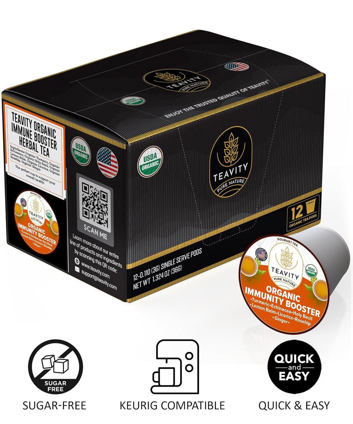 Organic Ginger Tea Pod with Echinacea, Turmeric, and Licorice for Keurig, Decaf by Teavity (12 Tea Pods)