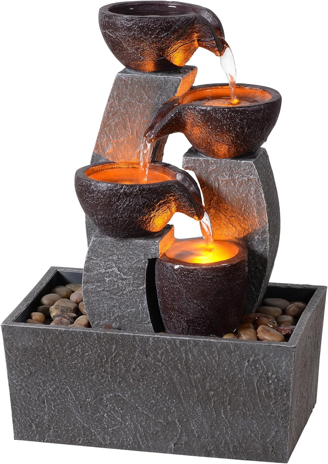 GOSSI Tabletop Water Fountain with LED Lights, Indoor Waterfall Fountain with Cascading Bowls and Pebbles, Small Desk Fountain for Home Office Decor