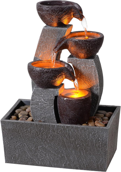 GOSSI Tabletop Water Fountain with LED Lights, Indoor Waterfall Fountain with Cascading Bowls and Pebbles, Small Desk Fountain for Home Office Decor
