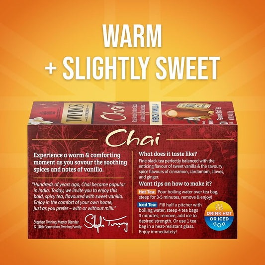 Twinings French Vanilla Chai Black Tea Individually Wrapped Bags, 20 Count (Pack of 1), Warm, Sweet & Spicy, Caffeinated, Enjoy Hot or Iced, 20 Teabags