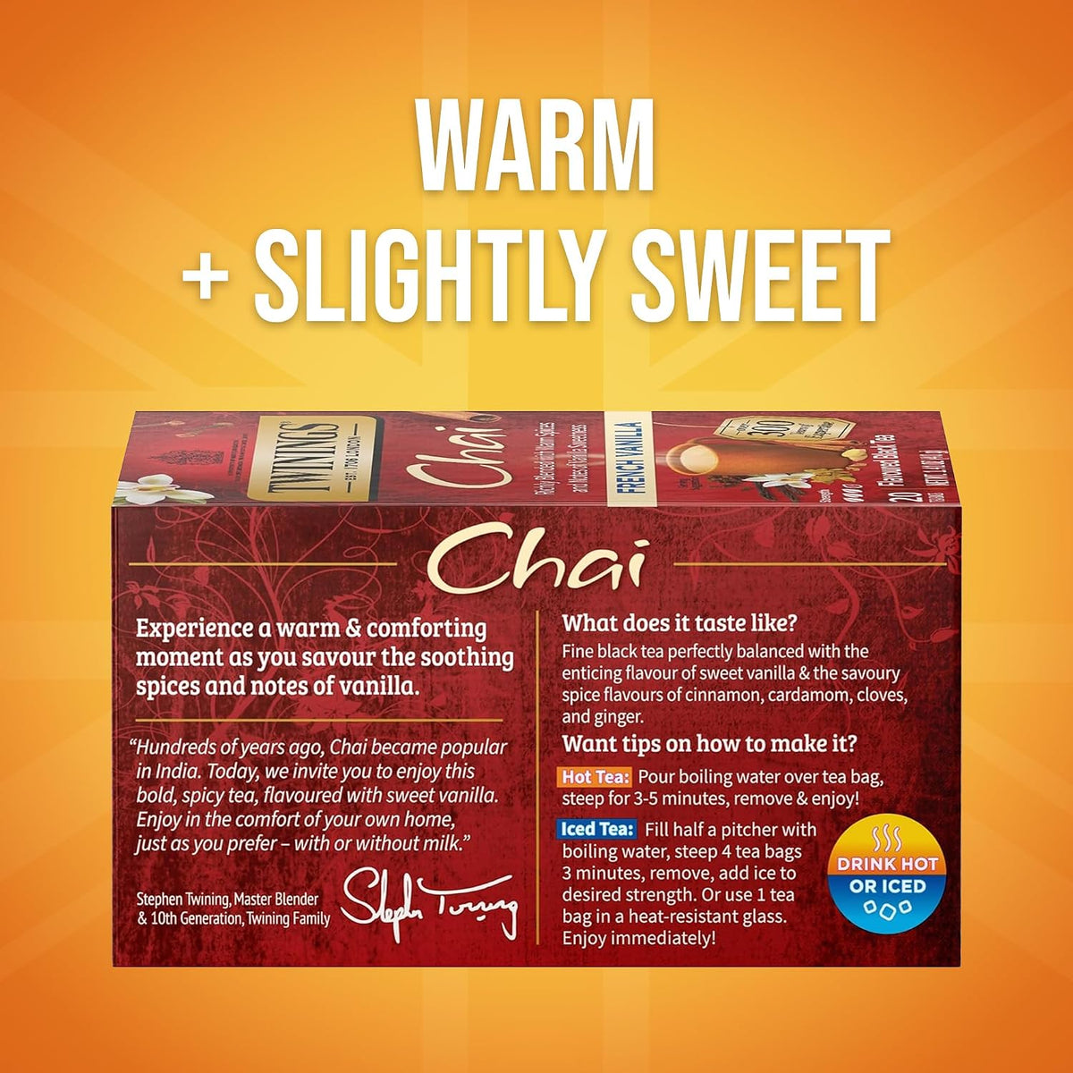 Twinings French Vanilla Chai Black Tea Individually Wrapped Bags, 20 Count (Pack of 6), Warm, Sweet & Spicy, Caffeinated, Enjoy Hot or Iced, 120 Teabags