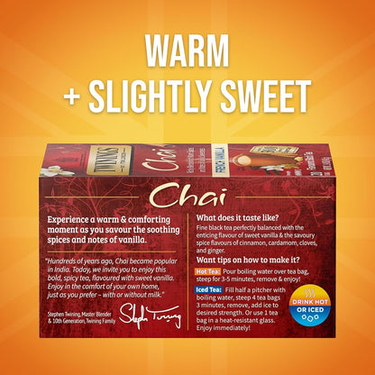 Twinings French Vanilla Chai Black Tea Individually Wrapped Bags, 20 Count (Pack of 6), Warm, Sweet & Spicy, Caffeinated, Enjoy Hot or Iced, 120 Teabags