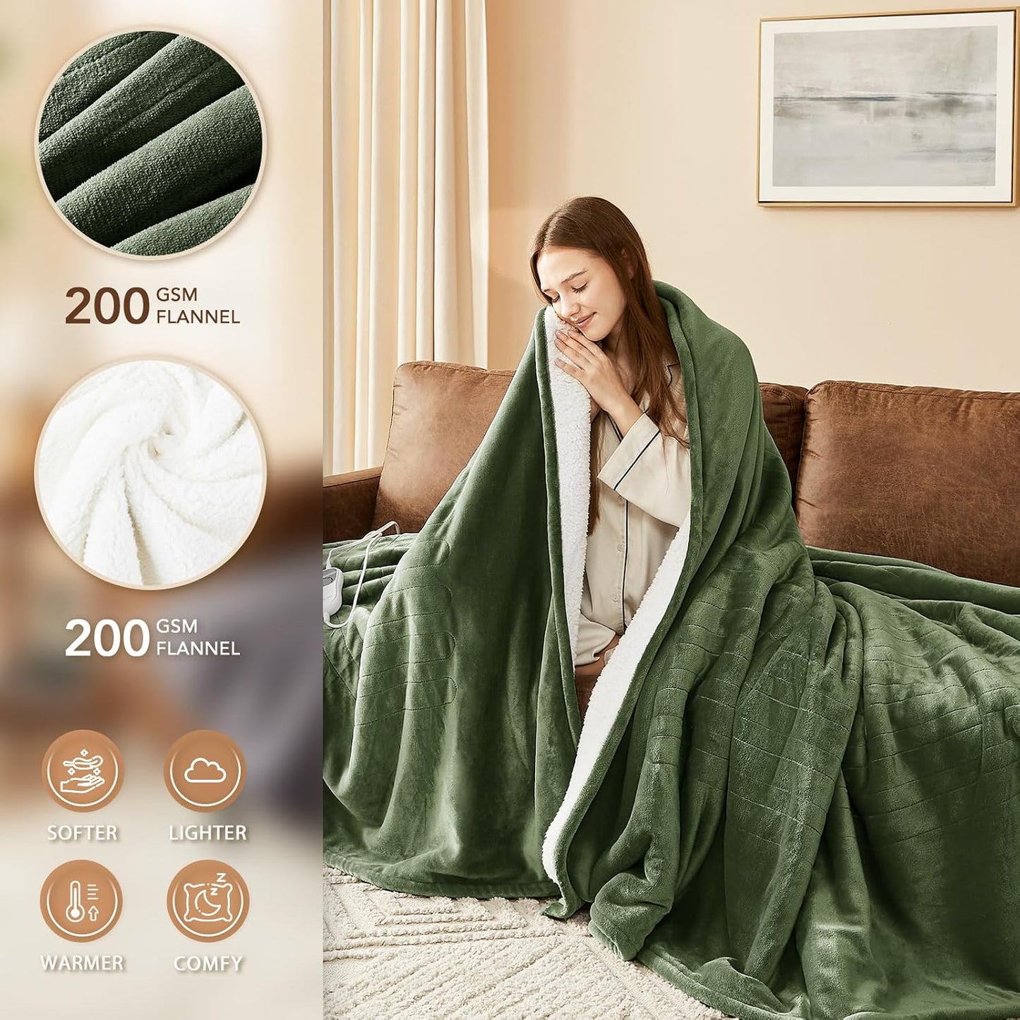 Homemate Electric Heated Blanket Twin - 62"x84" Heating Bed Blankets Throw with 10 Heating Levels 8 Hours Auto Off Fast Heating Over-Heated Protection Ultra Soft Warm Flannel ETL Certified Grey - Colors A