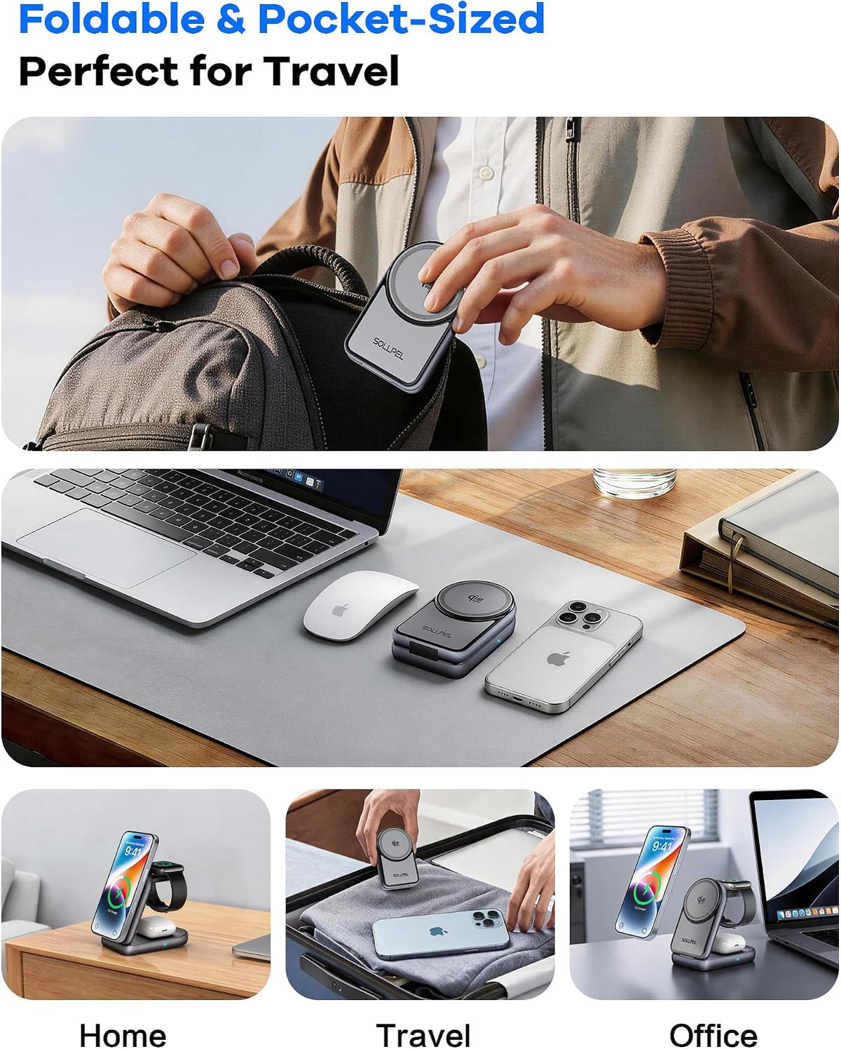 25W 3-in-1 Wireless Charging Station, Foldable MagSafe Charger