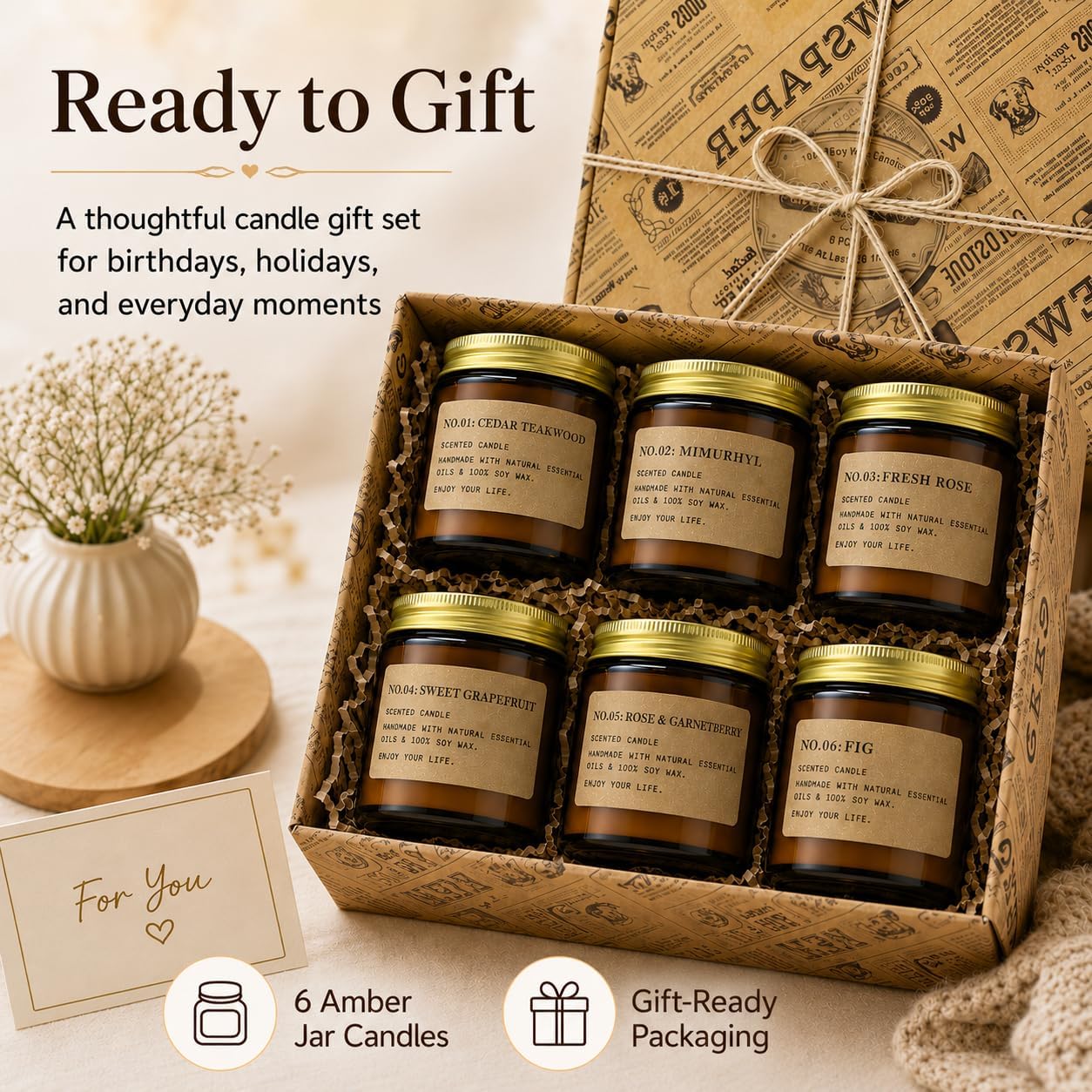 6-Pack Scented Candles for Home, 3.5 Oz Soy Wax Aromatherapy Candle Gift Set, Lavender Chamomile, Eucalyptus Mint & Vanilla, Birthday Gifts for Women, Thank You Graduation Gifts