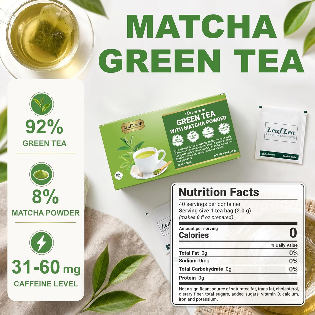LeafLea Matcha Green Tea Bags, 80 Individually Wrapped, Stock-Up 2-Pack