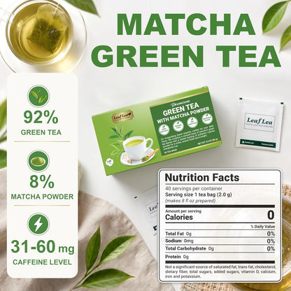 LeafLea Matcha Green Tea Bags, 80 Individually Wrapped, Stock-Up 2-Pack