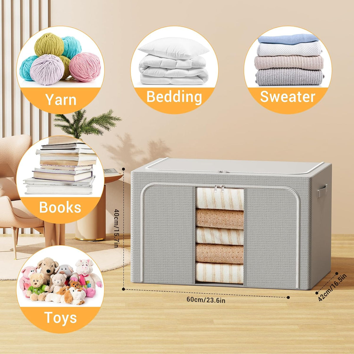 Clothes Storage Bins with Metal Frame Foldable Storage Box Clothes Organizers Storage Containers for Clothes Sheets Blankets Books Toys Gifts and Holiday Decorations (66Lx3 Pack)