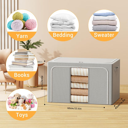 Clothes Storage Bins with Metal Frame Foldable Storage Box Clothes Organizers Storage Containers for Clothes Sheets Blankets Books Toys Gifts and Holiday Decorations (66Lx3 Pack)