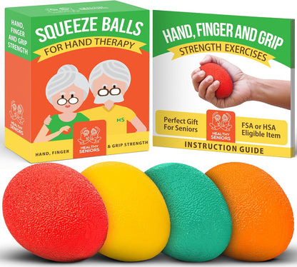 Healthy Seniors Hand Therapy Squeeze Balls – Set of 4 Egg-Shaped Silicone Exercise Balls | 4 Resistance Levels for Arthritis, Carpal Tunnel & Grip Rehab | Includes 16-Exercise Booklet + Video Guide