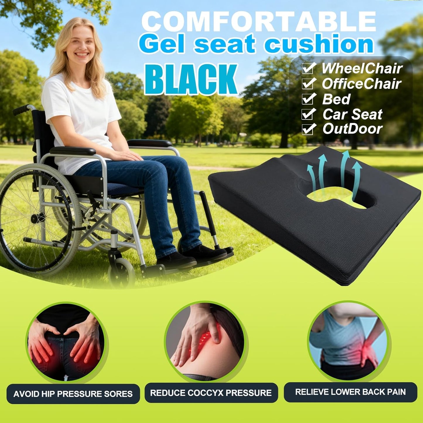 Gel Wheelchair Seat Cushion,Bed Sore Cushions for Butt,Gel Cushion for Pressure Relief,Donut Pillow for Tailbone Pain Relief,Sciatica,Coccyx,hemorrhoid Pillow,Cushion for Office Chair(Blue)