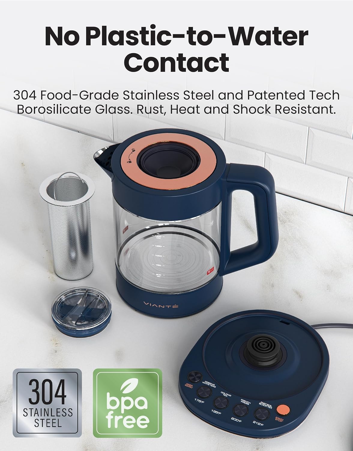 Viante Alba Electric Tea Kettle with Infuser, No Plastic In Contact With Water, 1.5L Borosilicate Glass, 304 Stainless Steel, 4 Temperature Presets, Keep Warm, Cordless, Auto Shut-Off
