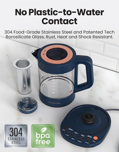 Viante Alba Electric Tea Kettle with Infuser, No Plastic In Contact With Water, 1.5L Borosilicate Glass, 304 Stainless Steel, 4 Temperature Presets, Keep Warm, Cordless, Auto Shut-Off