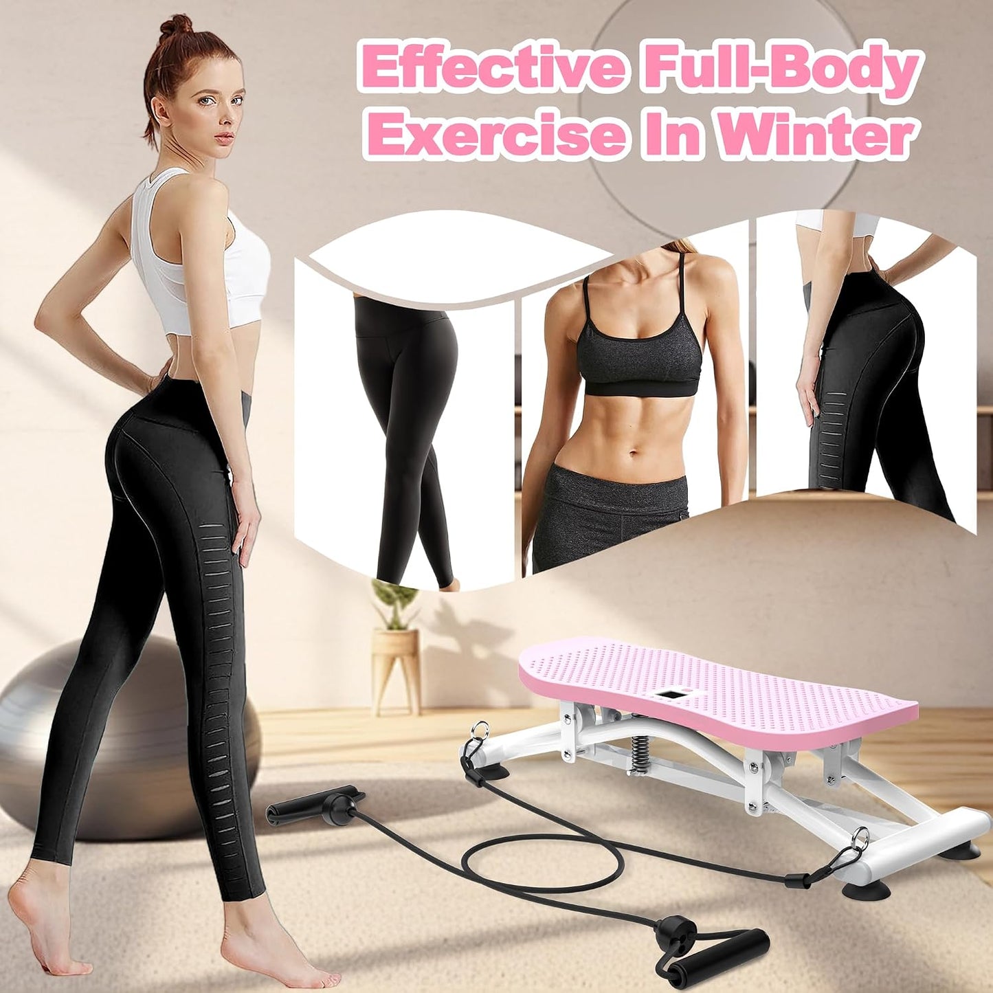 KINMAC 2-in-1 Rocking Stepper with Resistance Bands, Portable Balance Board for Exercise at Home, Quiet Mini Stair Stepper with LCD Monitor, Ski Trainer for Workout Home Gym