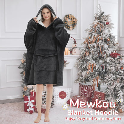 Mewkou Wearable Blanket Hoodie for Adult,Oversized Sherpa Fleece Blanket Hoodie for Women Men,Grey