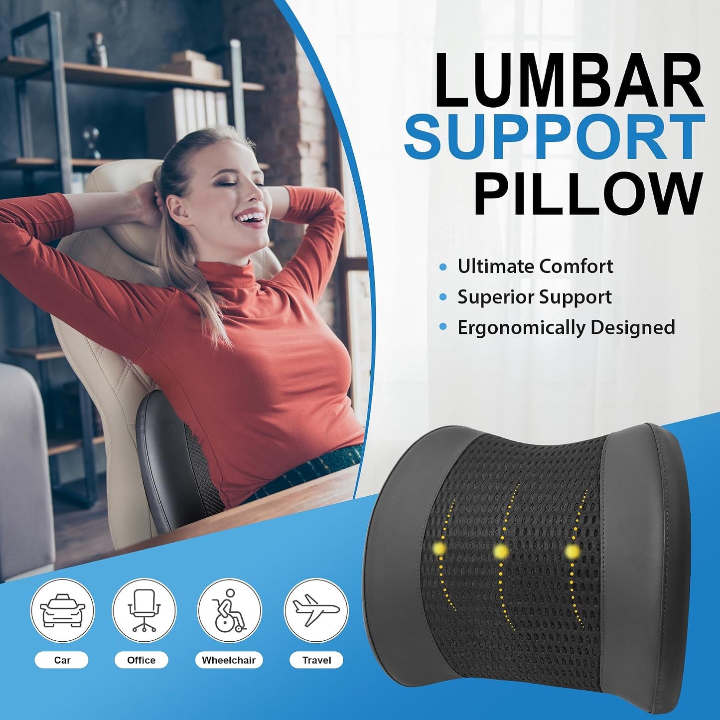 Lofty Aim Lumbar Support Pillow for Car, Car Seat Back Support for Driving | Memory Foam Car Lumbar Support for Driving Seat, Car Back Cushion, Adjustable Straps, Lower Back Pillow, Office Chairs, Black
