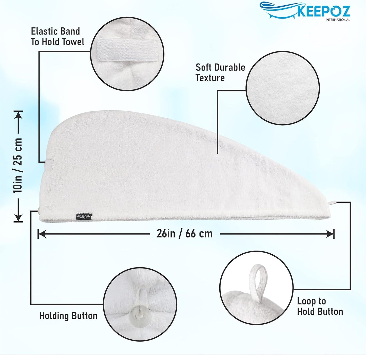 KEEPOZ 100% Cotton Hair Towel Wrap Quick Dry Super Absorbent Turban Head Wrap for Women with Button, Anti Frizz, Hair Cap for Curly, Long & Thick Hair (White, 1 Pc)