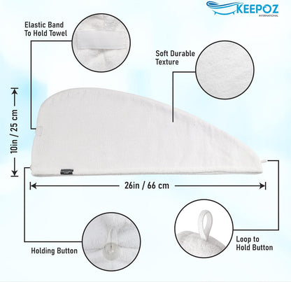 KEEPOZ 100% Cotton Hair Towel Wrap Quick Dry Super Absorbent Turban Head Wrap for Women with Button, Anti Frizz, Hair Cap for Curly, Long & Thick Hair (White, 1 Pc)