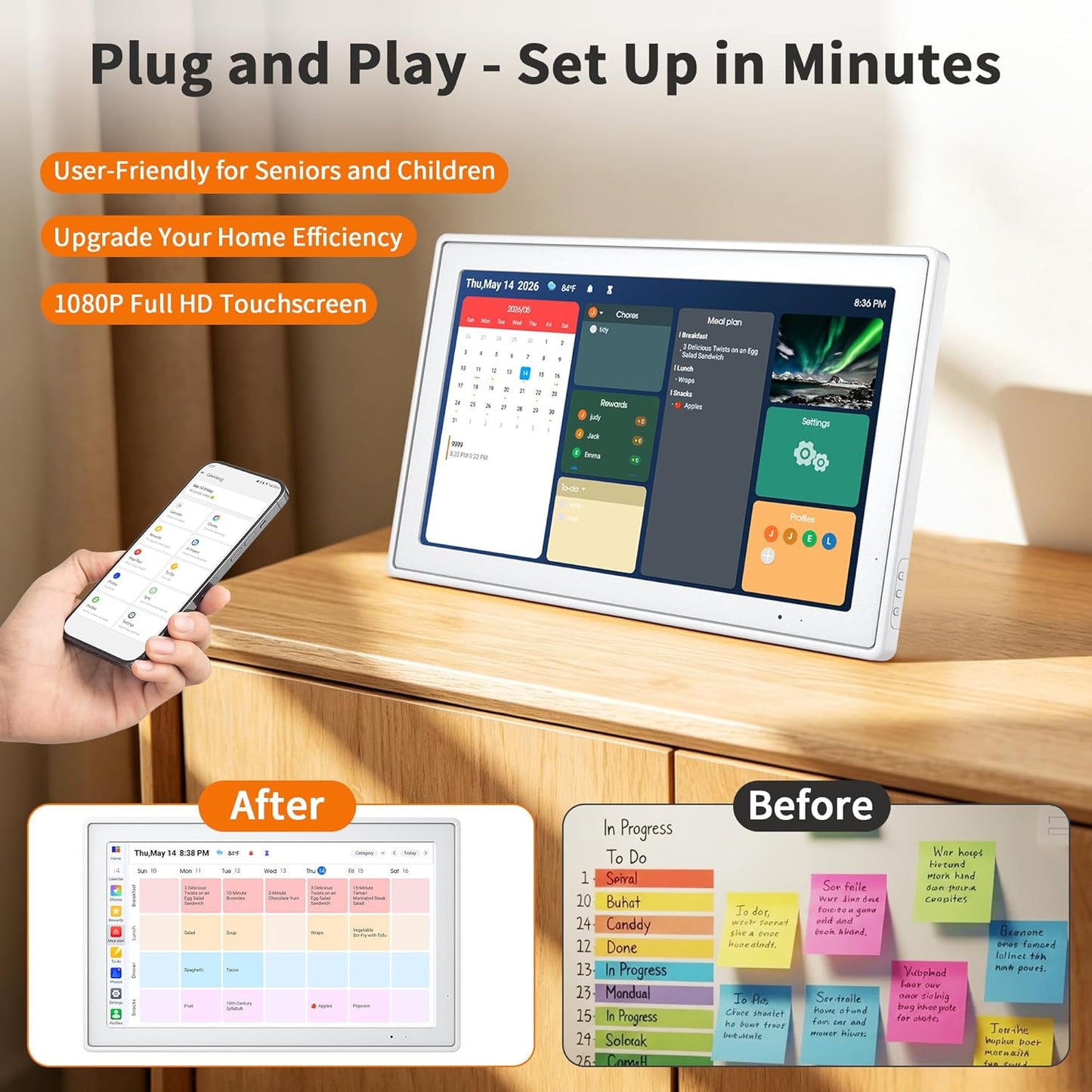 Digital Calendar, 10.1 Inch Electronic Calendar for Family Schedules, Smart Touchscreen Interactive Family Planner with Chore Chart, Meal Planner, Digital Picture Display, Gift for Mom Dad Mother (Wood Grain Color)