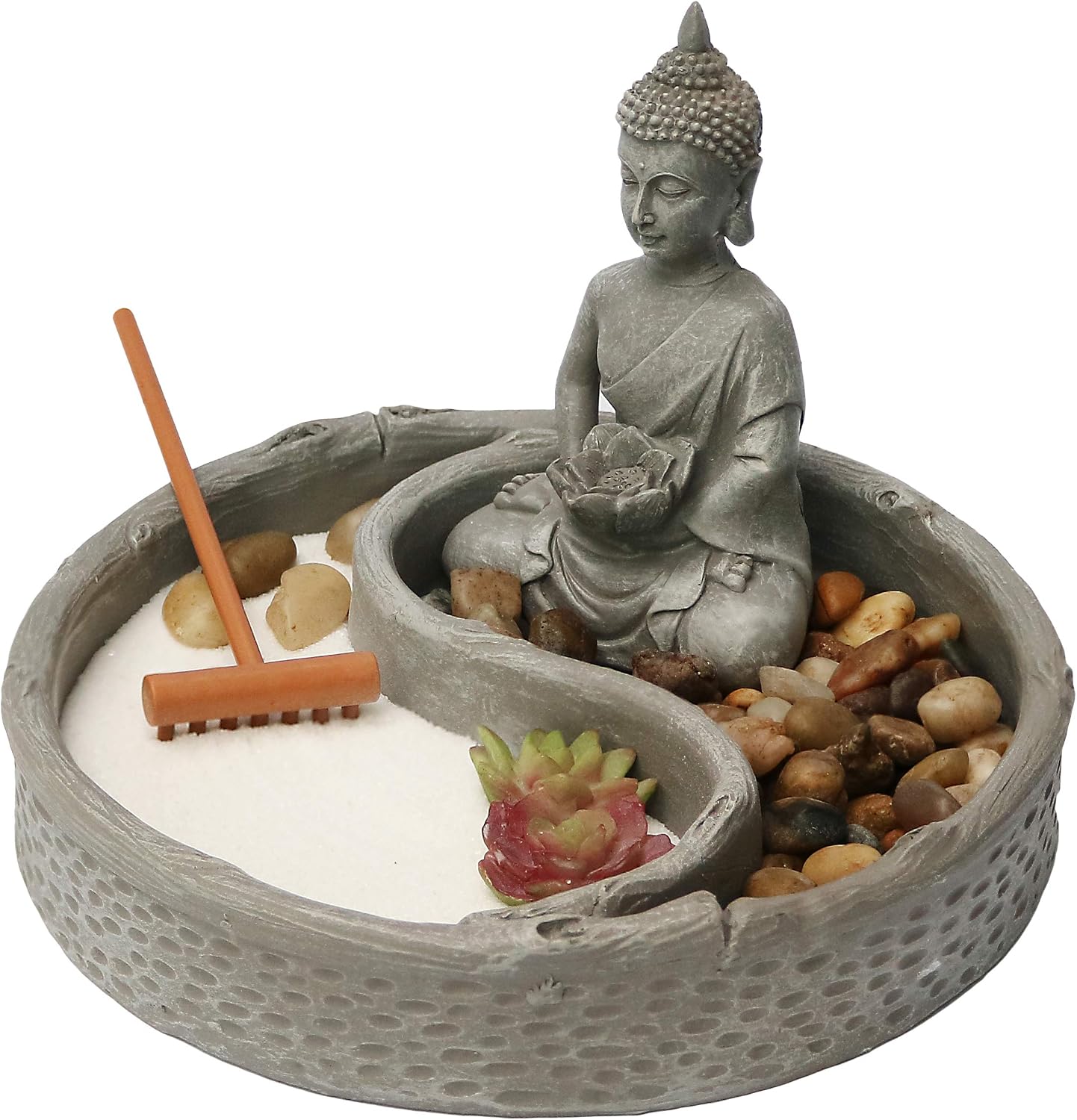 Nature's Mark Mini Zen Garden Kit for Desk with Rake, White Sand, Lotus Figure, 3 Sections Black Square Base, River Rocks and Black Rocks (9Lx9W C)