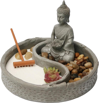 Nature's Mark Mini Zen Garden Kit for Desk with Rake, White Sand, Lotus Figure, 3 Sections Black Square Base, River Rocks and Black Rocks (9Lx9W C)