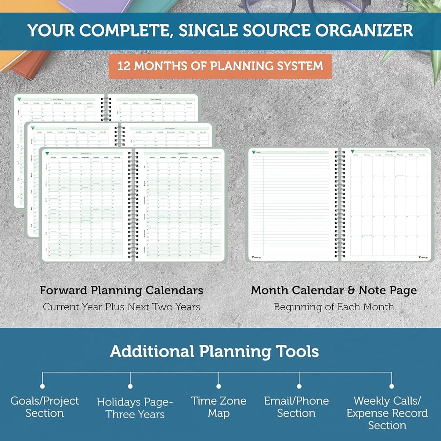 Planner Pad Spiral Bound July 2026 – June 2027 / Academic Year 8 1/2" x 11" Large 3-Tier Funnel Down 12 Month/Weekly Size Organizer, Greenish Grey Cover/Soft Green Ink