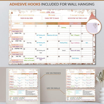 Magnetic Whiteboard for Fridge - Large Dry Erase Calendar for Wall | 2 Magnetic Dry Erase Board 10.5" x 16.5" & 7" x 16.5", Monthly Goal Setting & Habit Tracker, 5 Markers and 6 Adhesive Hooks