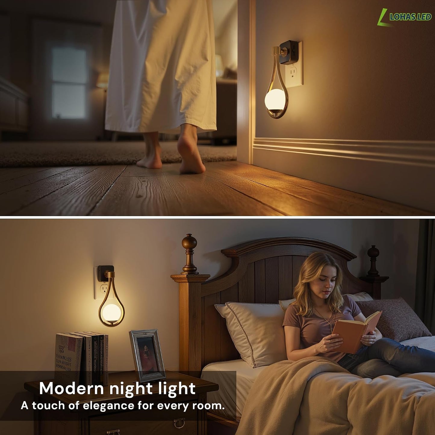 L LOHAS LED Night Lights Plug into wall, Amber Night Light with Adjustable Brightness, Plug in NightLight with Auto Light Sensor, Wall Sconce-Style Design Night Light for Bathroom,Hallway, 2 Pack