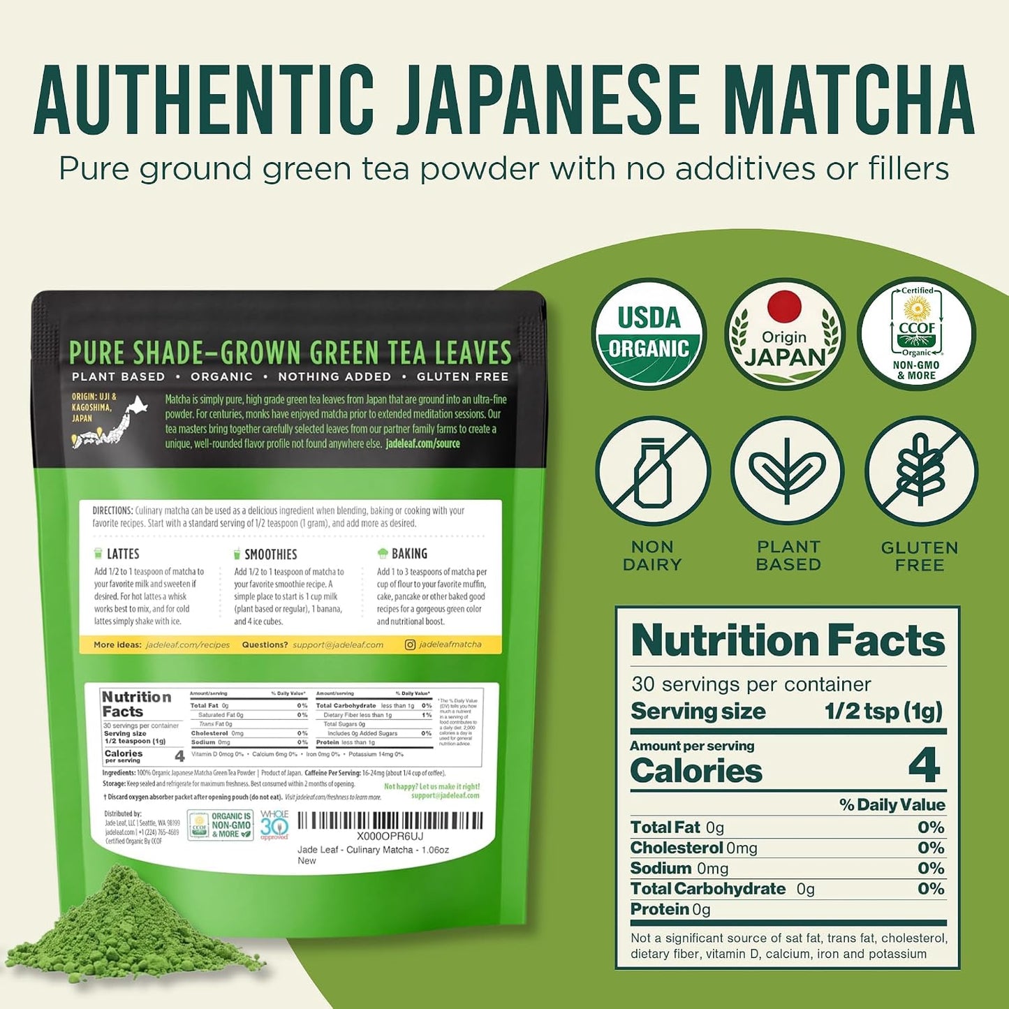 Jade Leaf Matcha Powder, Organic Culinary Grade, 30g / 1.06oz