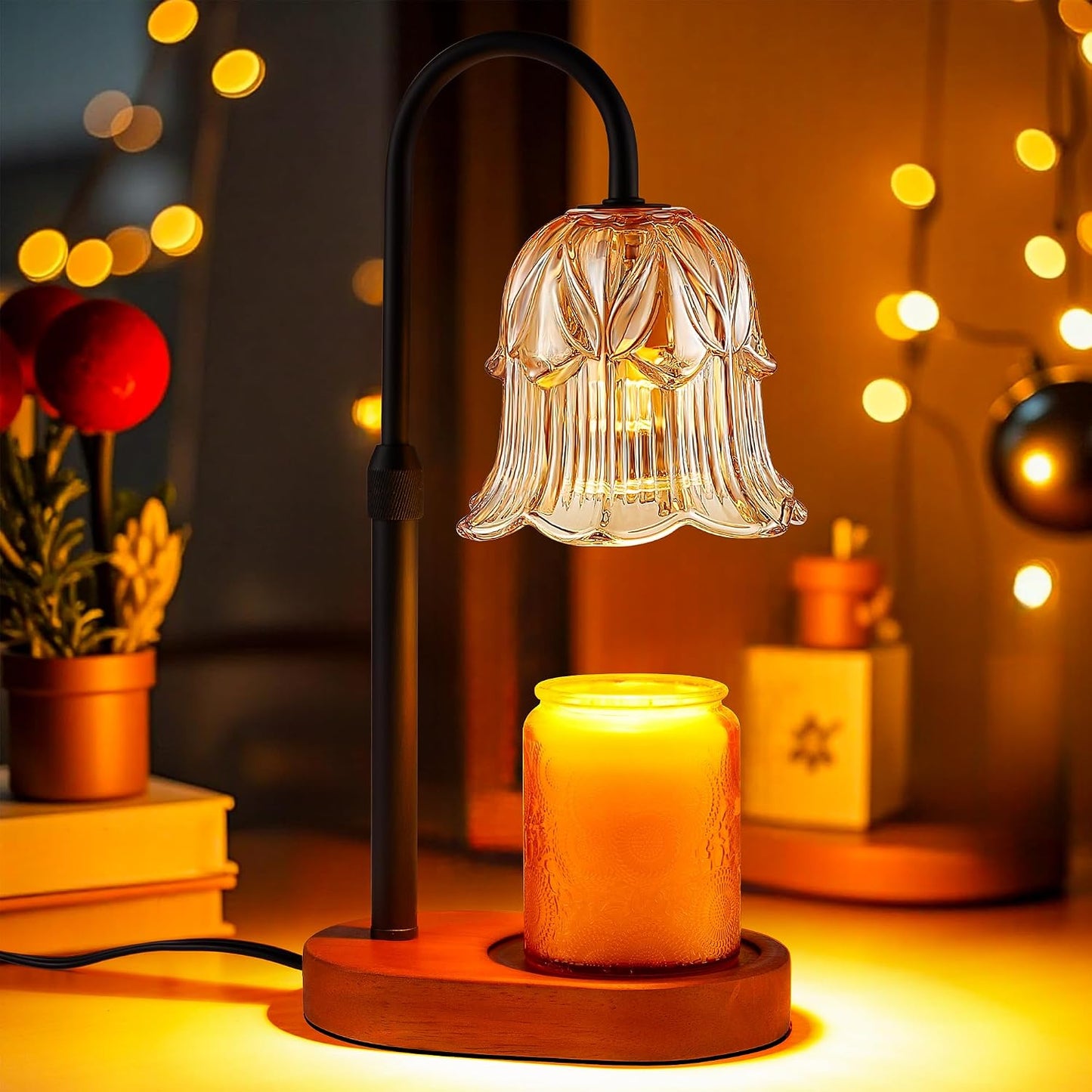 Candle Warmer Lamp Adjustable Timer - Electric Flower Glass Candles Warmers Adjustable Height Dimmable Vintage Base Modern Wax Candles Top Warmers for Small Jar Scented Wax Melts