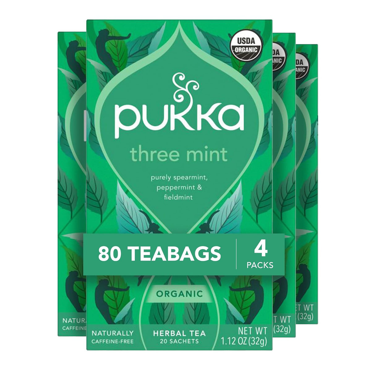 Pukka Three Mint Organic Herbal Tea Bags, 80 Total Bags (20 Count 4-Pack)