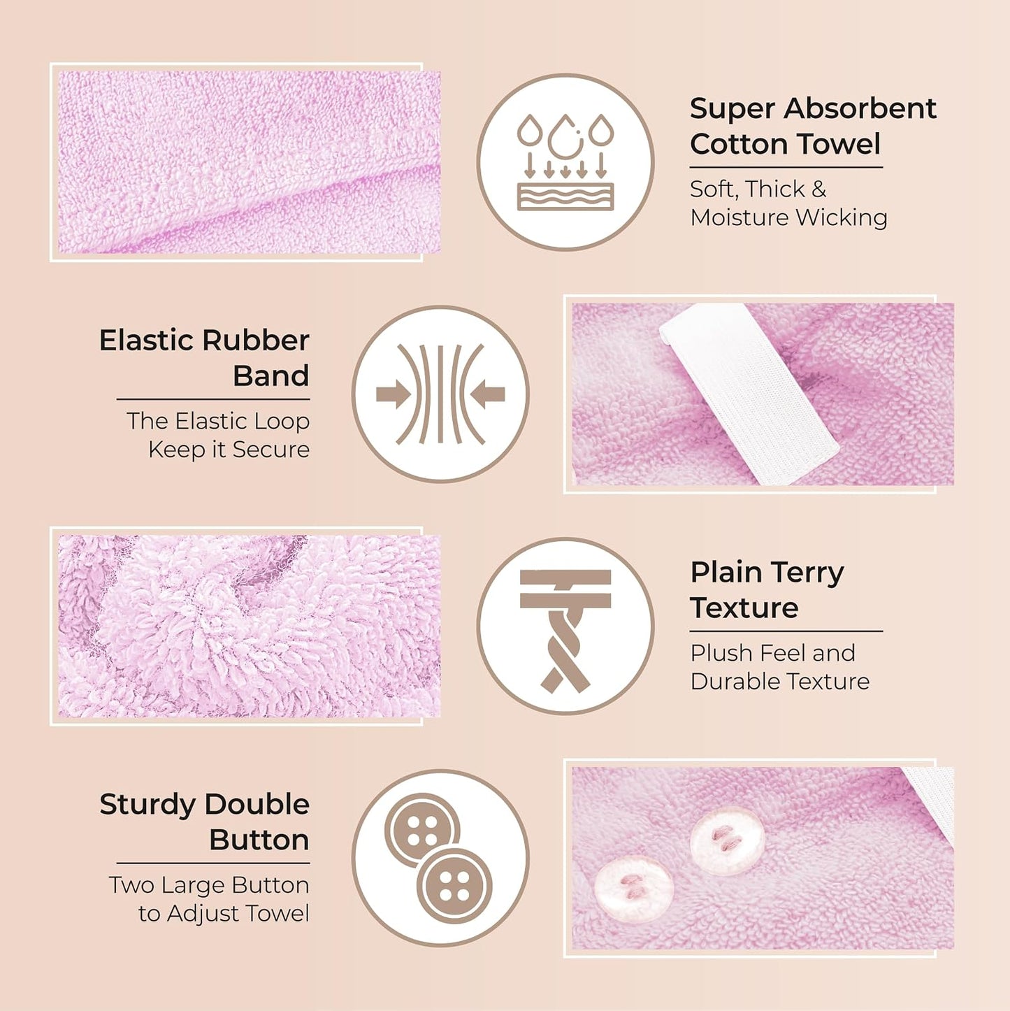 Lili&James 100% Cotton Hair Towel Wrap for Women & Kids – 420 GSM Quick Dry Hair Turban with Double Button Loop, Anti Frizz Non Microfiber Hair Drying Towel for Curly, Long & Thick Hair (Lilac)
