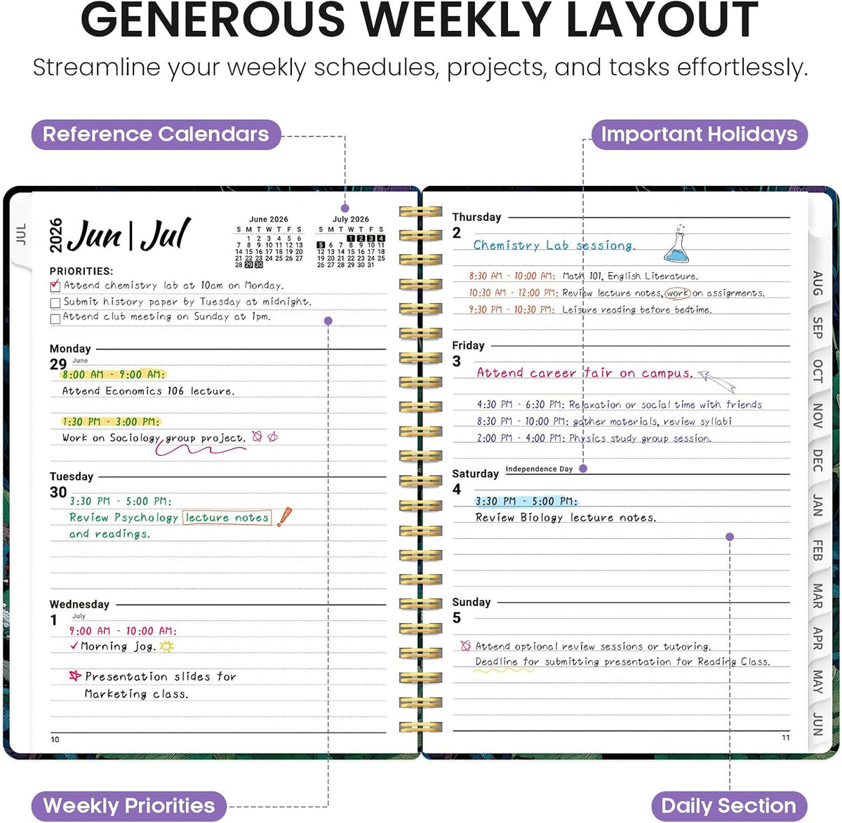 Planner 2026-2027, Jul 2026-Jun 2027 Academic Monthly & Weekly Planner - Colors B