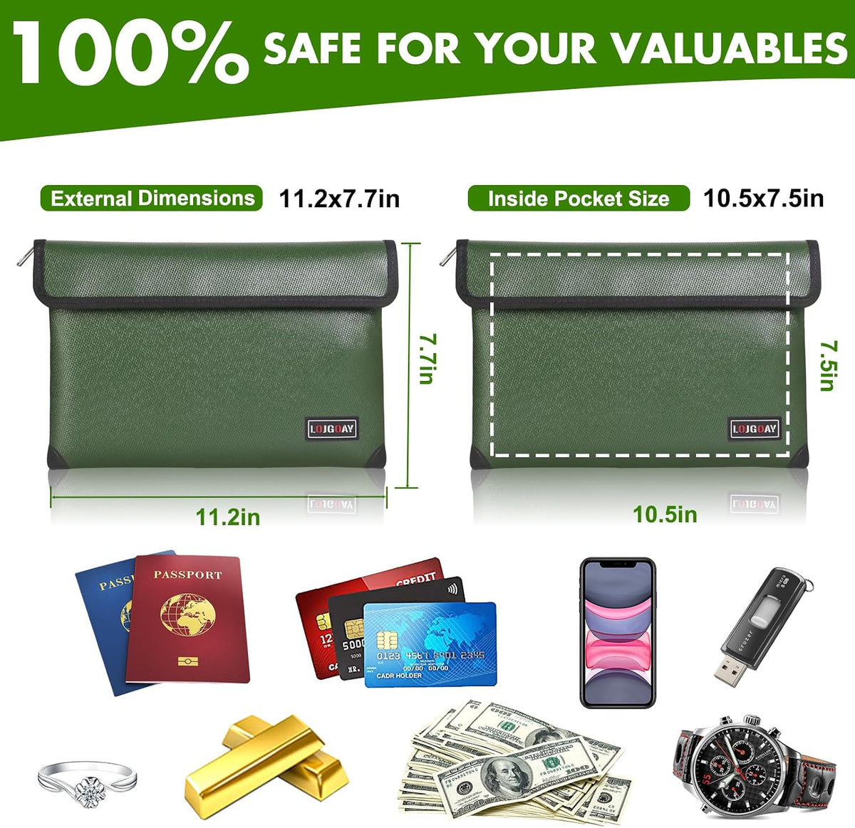 Fireproof Document Bag - with 5200°F Heat Insulated, Waterproof Fireproof Bag with Zipper, 8 Layers of Functional Materials, Fireproof Money Bag for Cash/Documents/Valuables, Fire bag 11"x7.7"