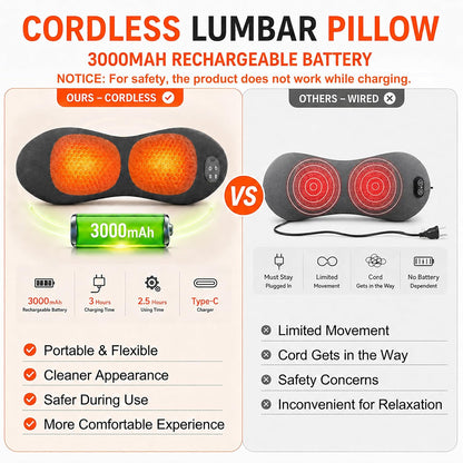 Upgraded Cordless Lumbar Support Pillow for Pain Relief Deep Tissue, 3-in-1 Heated Lower Back Massager Pillow with 3000mAh Battery, Heat, Massage, Electric Stretch, Back Support Pillow for Chair Car