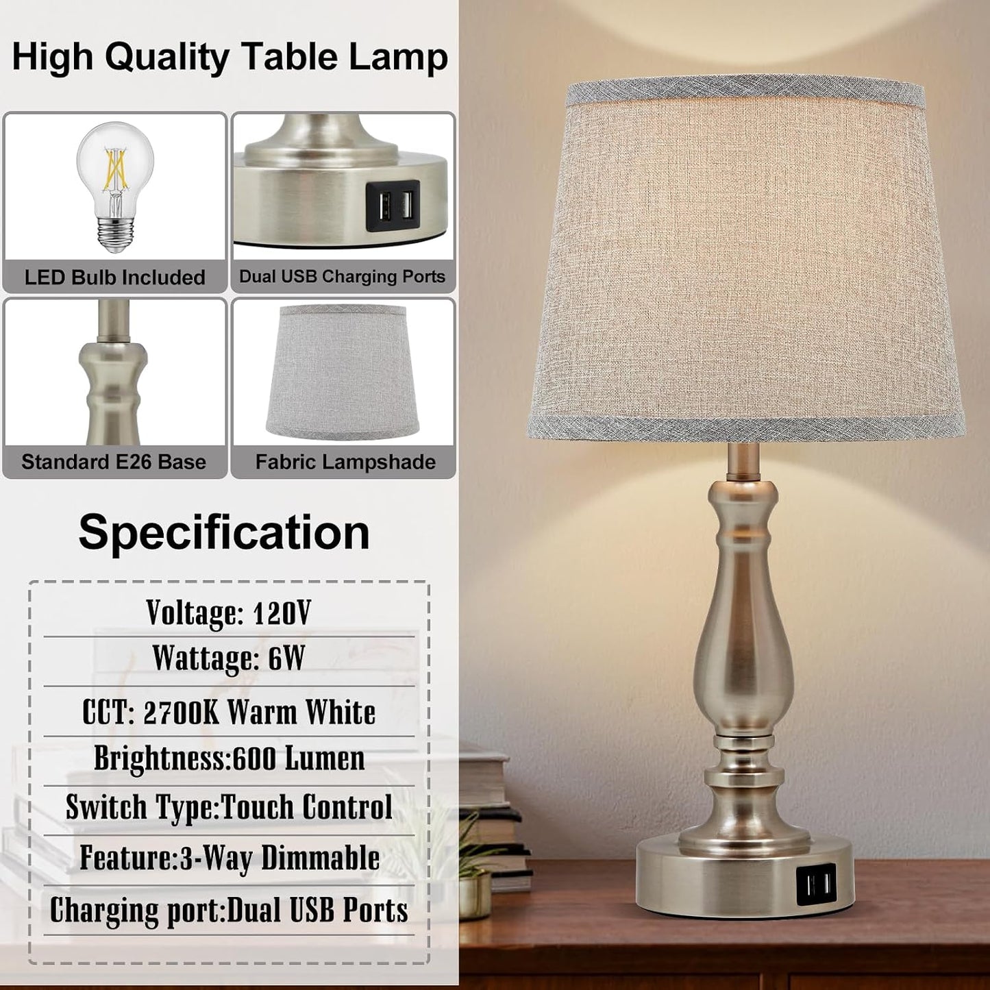 EJIAXIN Lamps for Bedrooms Set of 2, Brushed Nickel Bedside Lamps with USB C+A Ports,Dimmable Nightstand Lamps with Fabric Lampshade, Touch Table Lamp for Living Room Bedroom Office, Bulbs Included