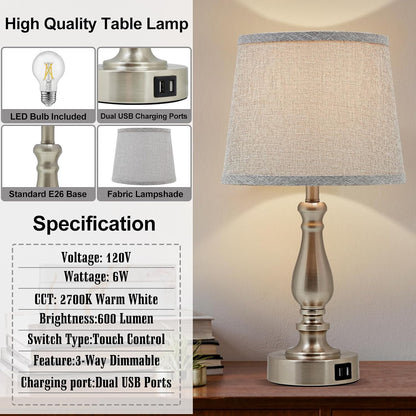 EJIAXIN Lamps for Bedrooms Set of 2, Brushed Nickel Bedside Lamps with USB C+A Ports,Dimmable Nightstand Lamps with Fabric Lampshade, Touch Table Lamp for Living Room Bedroom Office, Bulbs Included