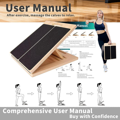 Adjustable 16.5"×12" Wooden Slant Board – 5-Angle Foldable Calf Stretcher & Squat Wedge for Home-Gym, Portable Incline Board for Physical Therapy Rehab Pilates, Ankle Knee Heel Feet Leg, 350 lb Rated