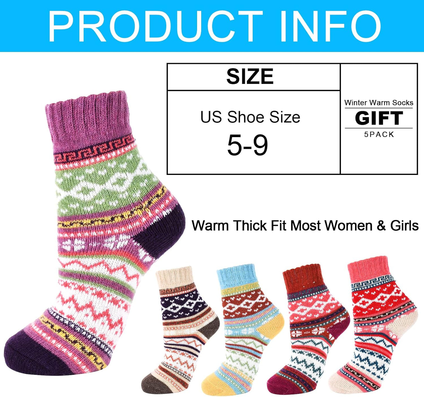 YANGYANG 5 Pairs Winter Warm Thick Crew Knit Socks for Women, Christmas Gifts, Stocking Stuffers