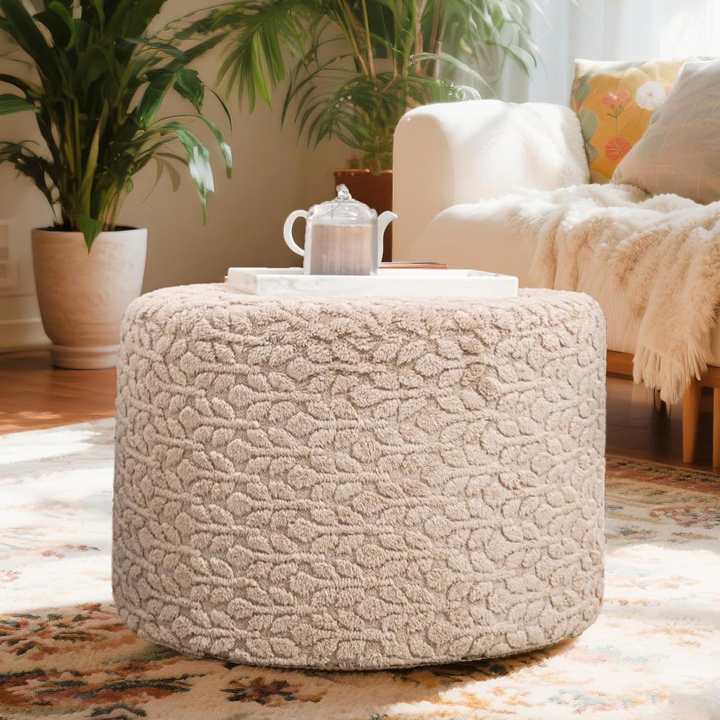 Round Pouf Ottoman 20 x 20 x 14 Inches Boho Poof Home Decor Floor Pouffe Ottoman Foot Rest for Couch Sofa Bean Bag Chairs Living Room Bedroom (Green)