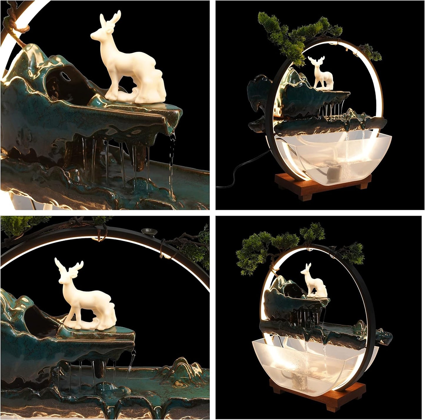Mini Artificial Bonsai Tree Waterfall Fog Feature Rock Tabletop Fountain | 11in Desktop Decor Waterfall Fountain W/ Water Pump& Atomizer&LED Lights &Fake Tree Office Bedroom Relax