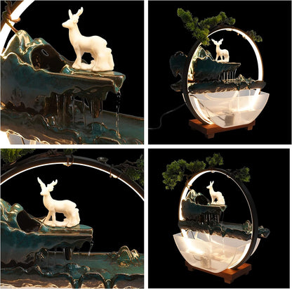 Mini Artificial Bonsai Tree Waterfall Fog Feature Rock Tabletop Fountain | 11in Desktop Decor Waterfall Fountain W/ Water Pump& Atomizer&LED Lights &Fake Tree Office Bedroom Relax