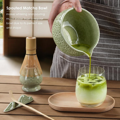 7Pcs Matcha Whisk Set, Matcha Set Whisk and Bowl,Bamboo Scoop, Scoop Rest, Sifter and Tea Towel, Matcha Kit W/Carved Cherry Blossm Pattern for Matcha Lovers (Sakura Pink)